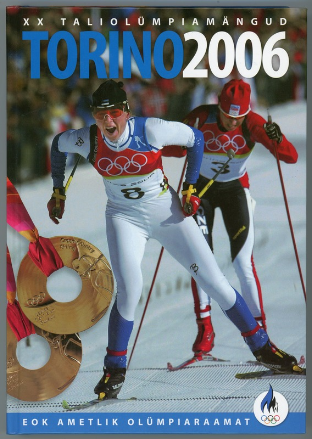 Ein Plakat der Olympischen Spiele 2006 in Turin, Italien, das zwei Skifahrer auf Schnee mit "Torino 2006" zeigt.