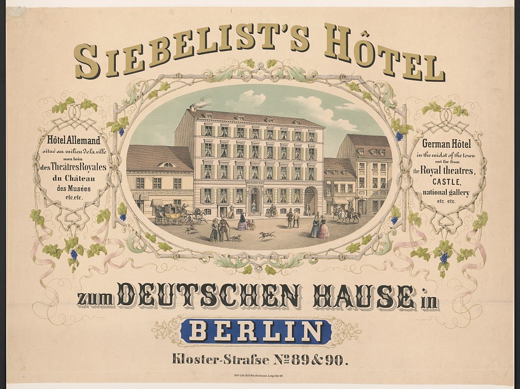 Black and white advertisement for Siebelist's Hotel in Berlin, Germany, showing the building exterior with a few people standing in front and printed text.