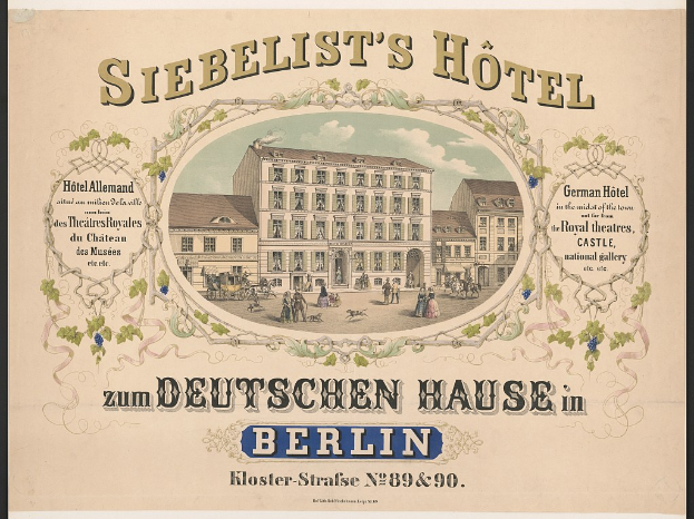 Black and white advertisement for Siebelist's Hotel in Berlin, Germany, showing the building exterior with a few people standing in front and printed text.
