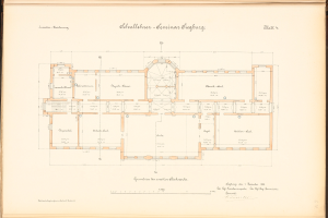 Old book open to a detailed floor plan drawing of the Schullacher-Seminar Schütze German school building, showing room layouts, windows, doors, and dimensions.