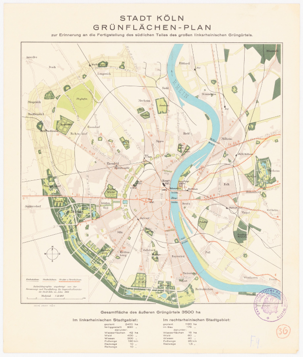 Old detailed map of Stadt Köln, Germany, featuring text and a stamp.