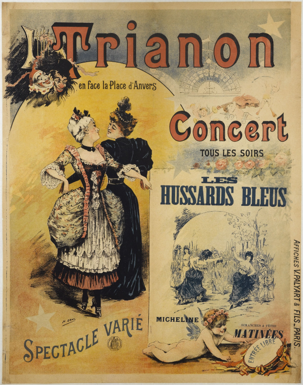 Ein Konzertplakat mit einer Frau in einem langen, wallenden Kleid mit hohem Ausschnitt und langen ├Ąrmeln und einem Mann in einem Anzug, der hinter ihr steht und die Arme verschr├Ąnkt, beide mit ernsten Gesichtern.