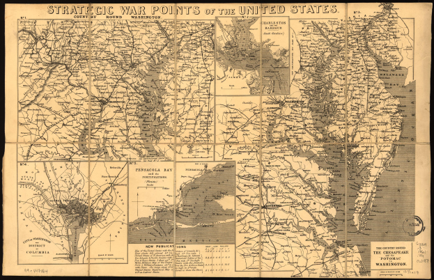 Schwarze und weiße Karte der Vereinigten Staaten mit markierten strategischen Kriegsorten und begleitendem Text.