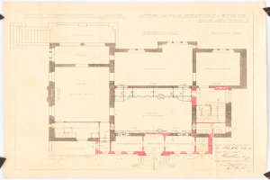 Black and white architectural floor plan of a multi-room building, likely the first floor of the Hirschfeld in Wannsee, with handwritten text annotations.