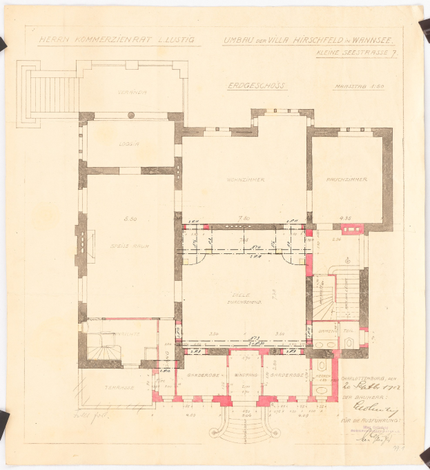 Black and white architectural floor plan of a multi-room building, likely the first floor of the Hirschfeld in Wannsee, with handwritten text annotations.