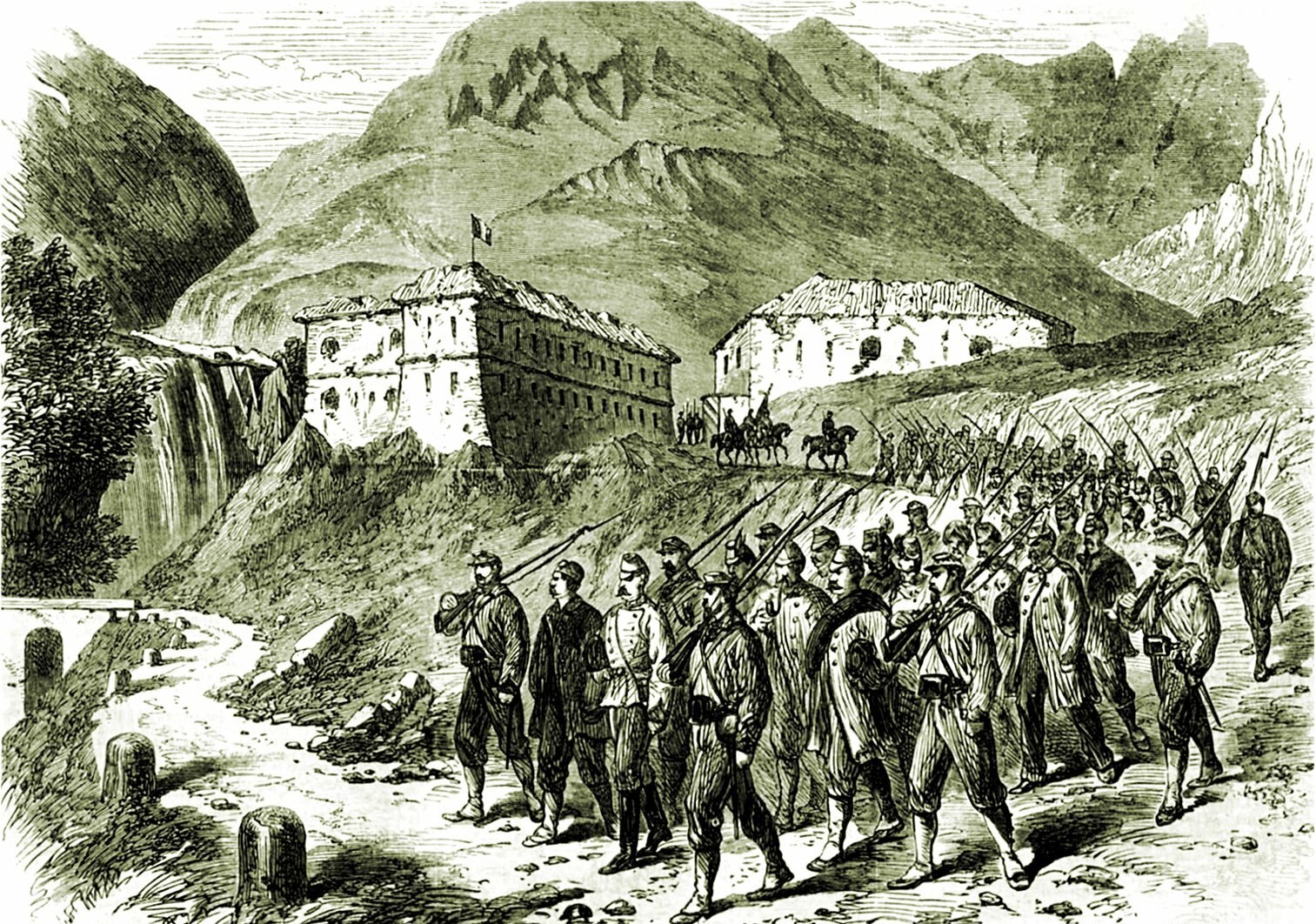 Schwarz-weiß-Bild einer Gruppe von Menschen, die einen Schotterweg vor einem Wasserfall entlanggehen, mit Hügeln, Gebäuden, Bäumen und einem Himmel im Hintergrund und einem Text unten, der "Französische Truppen betreten die Schweizer Alpen" lautet.