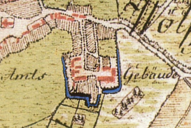 Old detailed map of Gebäude, Germany, showing streets, buildings, and landmarks with text indicating the town's location.