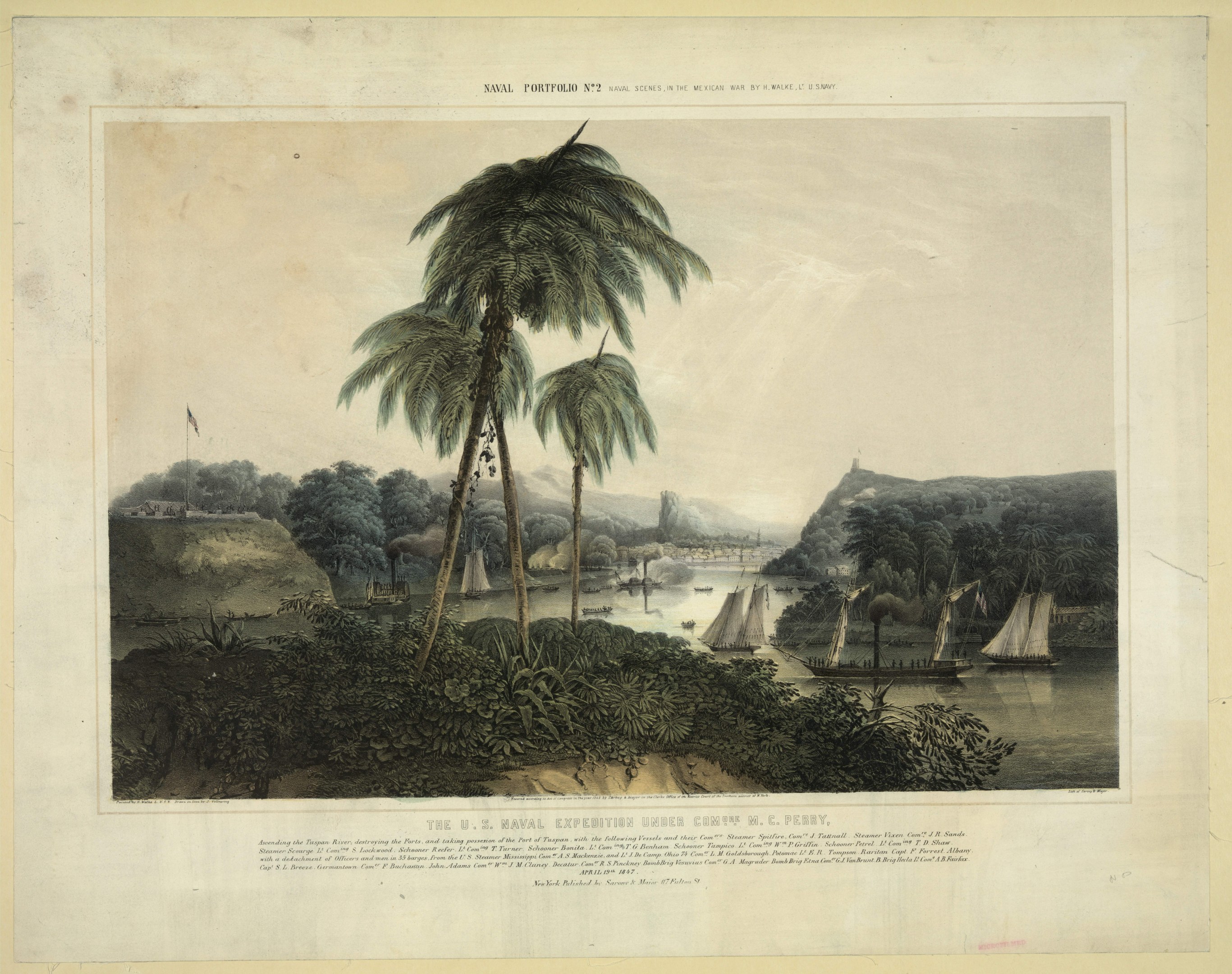 Eine Küstenansicht mit Palmen, Booten, Vegetation, Hügeln, einer Flagge und Himmel, beschriftet mit "Die U.S.-Navy-Expedition im Karibikraum."