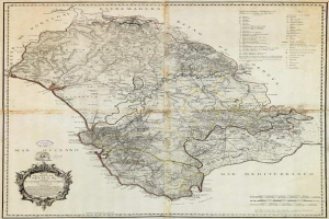 Detailiertes altes Kartenbild von Sizilien, Italien, mit geografischen Merkmalen, Text und einem verzierten Rahmen.
