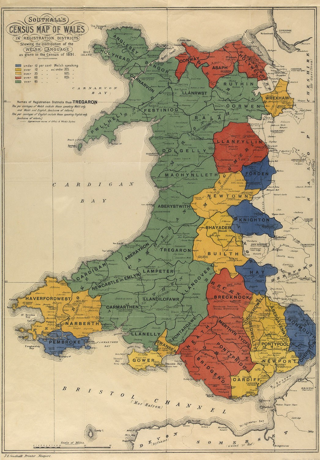 A poster of a map of Wales and England with counties highlighted in different colors, accompanied by text detailing county names and boundaries.