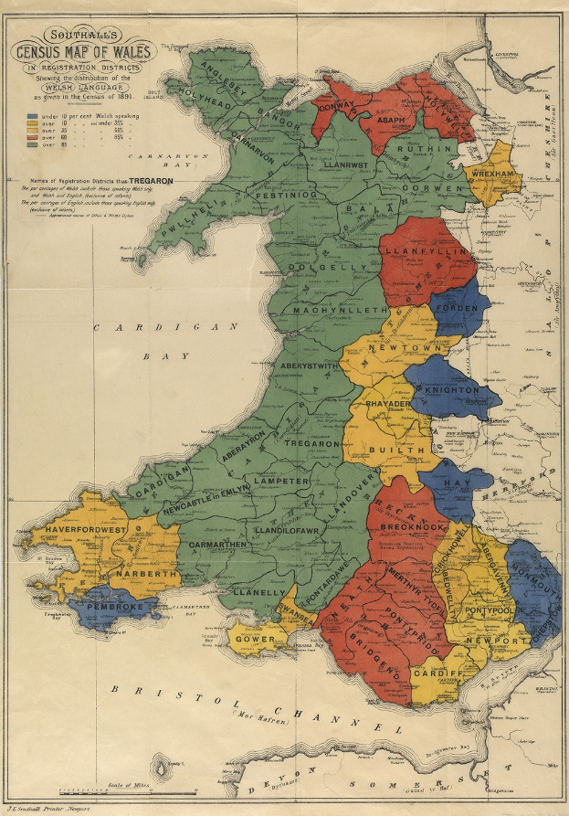 A poster of a map of Wales and England with counties highlighted in different colors, accompanied by text detailing county names and boundaries.