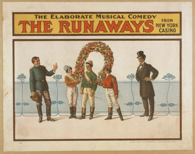 Poster for "Elaborate Musical Comedy Runaways from New York Casino" featuring a line of people with one holding a bouquet and text describing the show.