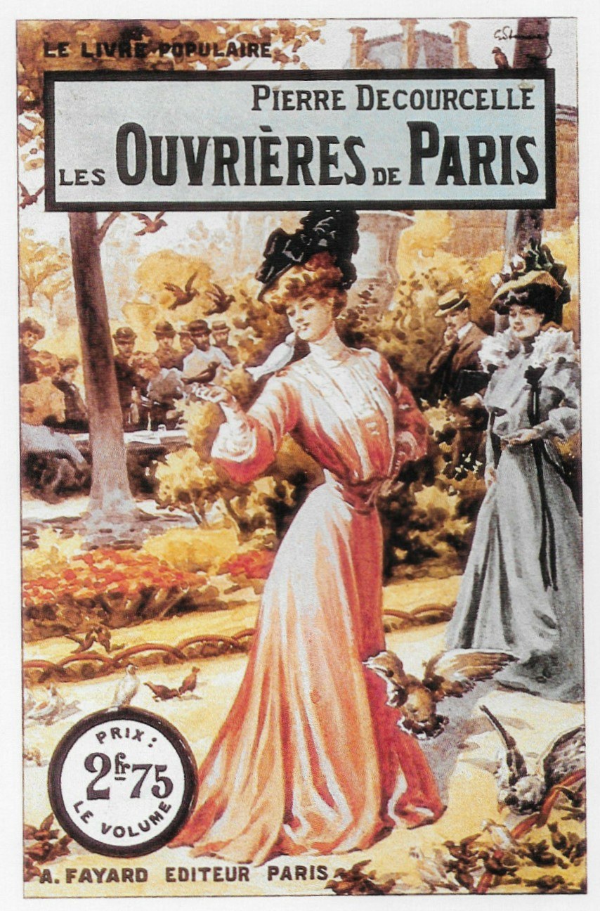 Plakat für "Les Ouvrières de Paris" von Pierre Decourcelle mit einer zentralen Frau umgeben von Menschen, Bäumen und Vögeln mit Text.