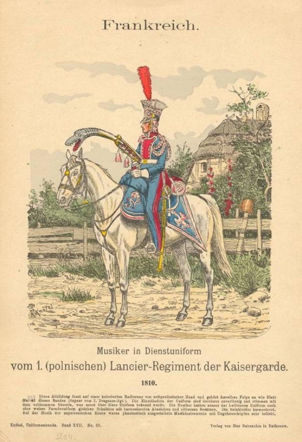 Old book cover featuring a Polish lancer in imperial guard uniform on horseback, surrounded by a rural landscape with trees, plants, a fence, a house, and cloudy sky, with German text identifying the subject.