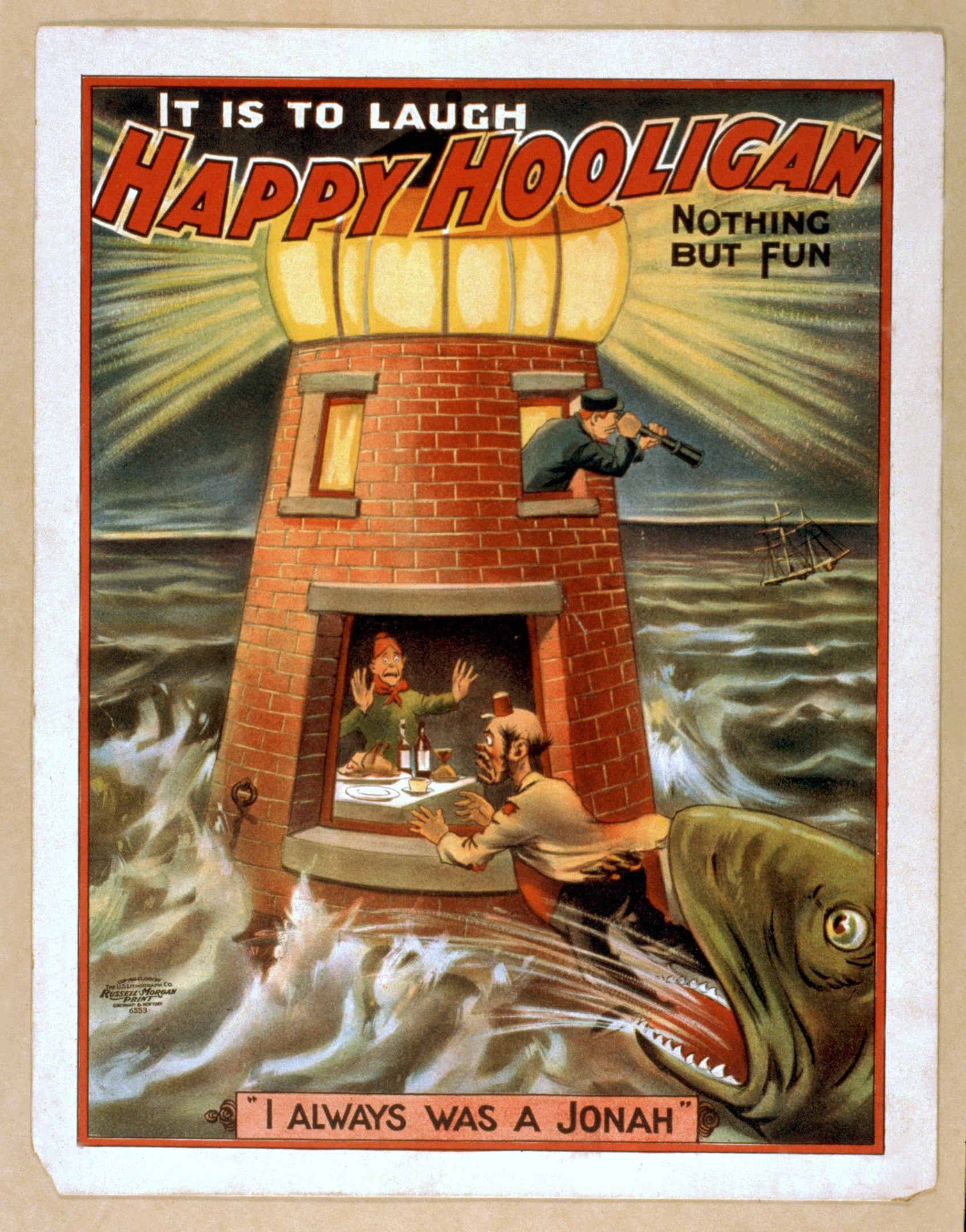 Plakat mit einem Leuchtturm, umgeben von Menschen, einem Fisch und Wasser, mit der Aufschrift "Das ist zum Lachen, glücklicher Rowdy, nichts als Spaß" oben und unten.