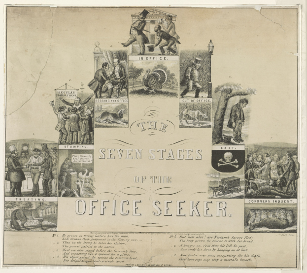A paper with illustrations and text depicting the seven stages of an office seeker, including labeled roles and responsibilities of people, animals, and objects.