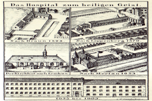 Detailansicht eines deutschen Krankenhausgebäudes auf einem Plakat, begleitet von beschreibendem Text über seine Größe, Lage und Merkmale.