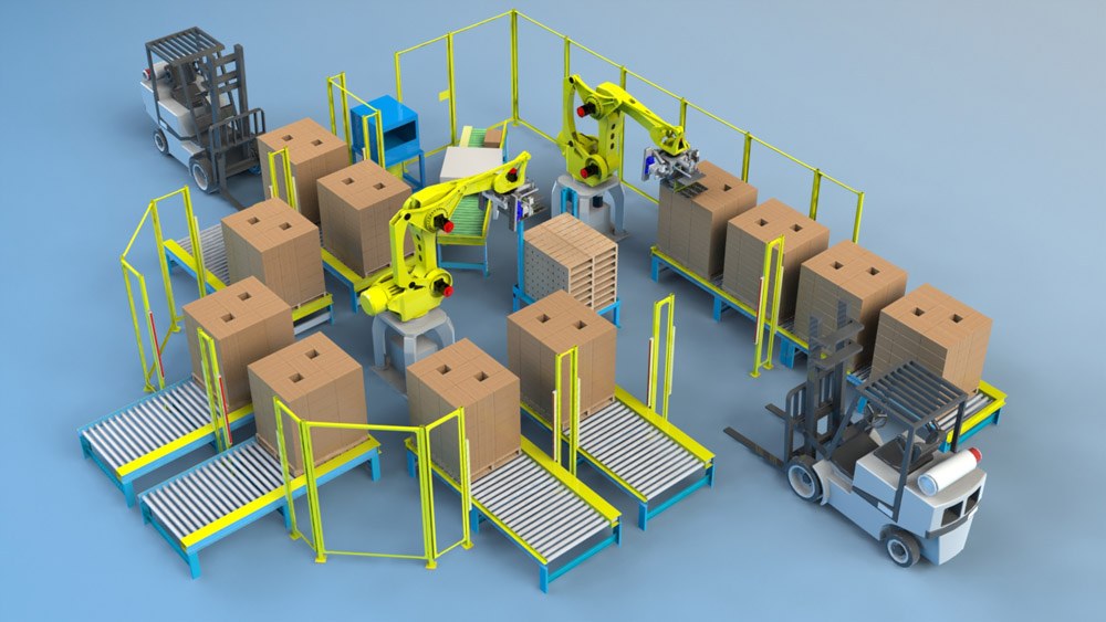 Group of automated robots working on a conveyor belt in a warehouse, handling cardboard boxes with vehicles visible on the floor.
