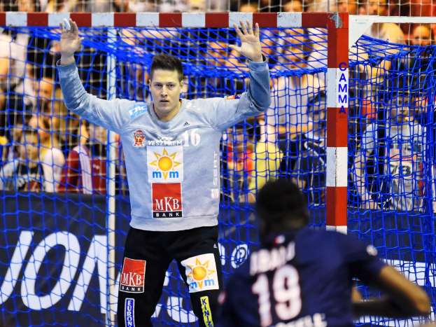 Handballspieler mit erhobenen Armen vor einem Tor bei der Futsal-Weltmeisterschaft 2019, mit Zuschauern und einem Banner im Hintergrund.