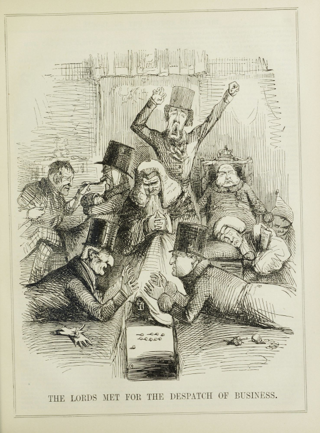 Eine historische Illustration, die eine Gruppe verzweifelter Menschen in einer Besprechung zeigt, mit dem Text "Die Lords trafen sich zur Erledigung der Geschäfte".
