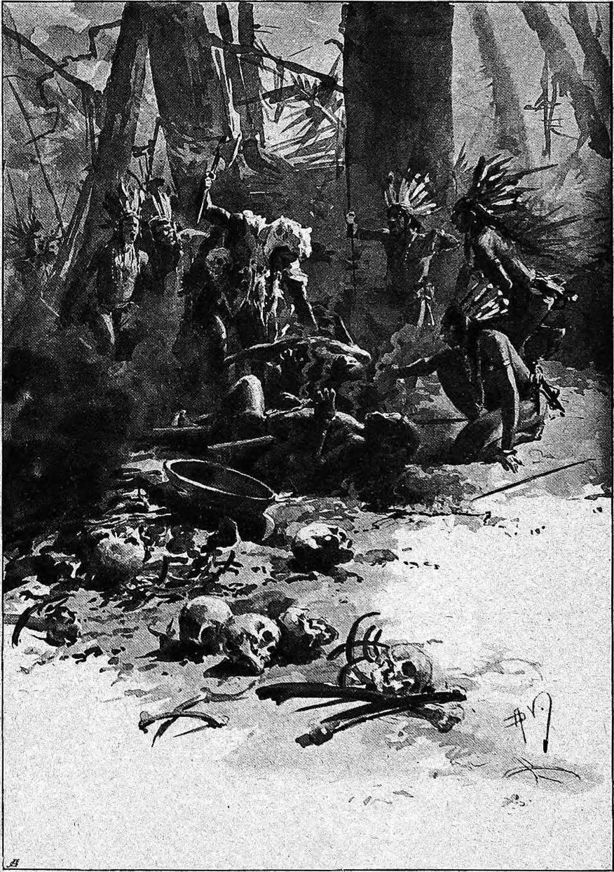 Black and white illustration of a group of people in a wooded area with scattered skulls and objects, titled "The Death of a Native American Indian" at the bottom.