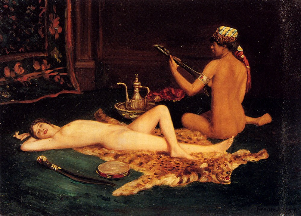 Painting of a reclining nude woman on a bed next to a seated nude man playing a musical instrument, with a jug and other objects on the bed and a curtain in the background.