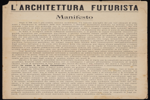 Old book titled "L'Architectura Futurista Manifesto" on a black background with visible text on the pages.
