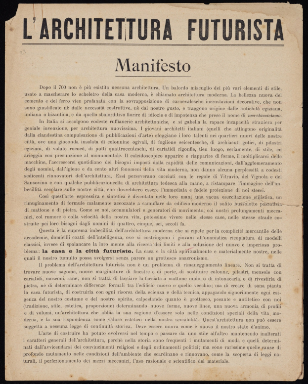 Old book titled "L'Architectura Futurista Manifesto" on a black background with visible text on the pages.