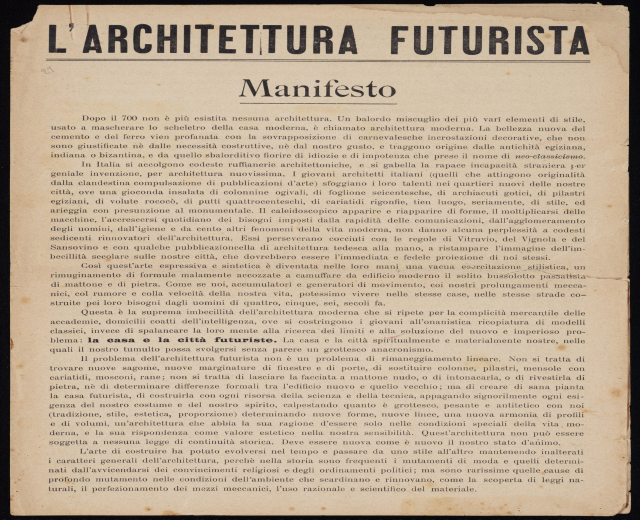 Old book titled "L'Architectura Futurista Manifesto" on a black background with visible text on the pages.