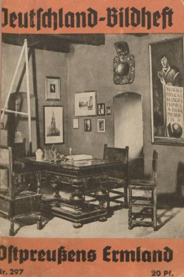 Cover of the 1927 book "Deutschland-Bildheft - Offpreußens Ermland" showing an illustrated room with chairs, a table, objects, framed photos, and a ladder on the wall.