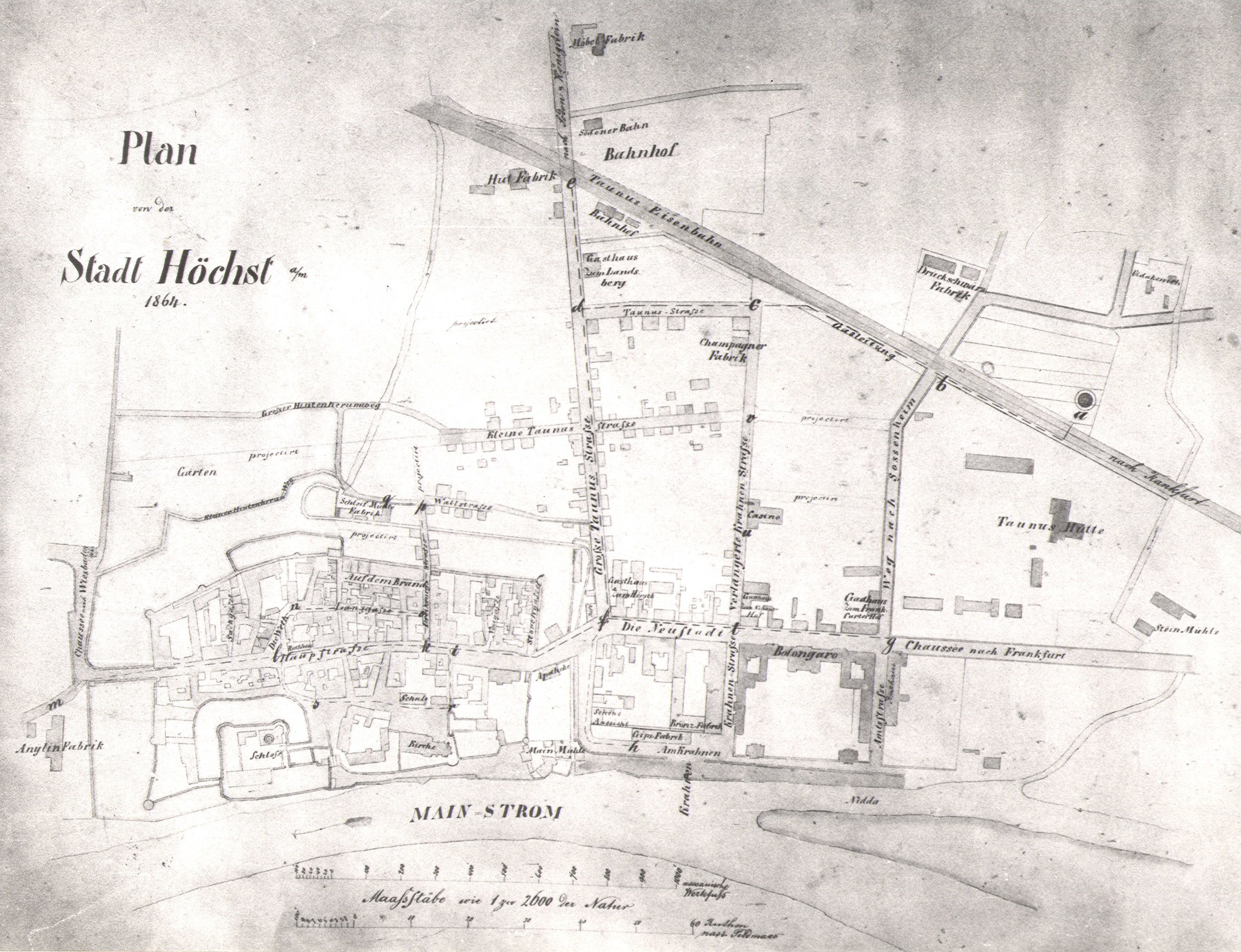 Detailed old map of Stadt Höchst showing streets, buildings, and landmarks with text annotations.