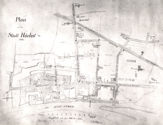Detailed old map of Stadt Höchst showing streets, buildings, and landmarks with text annotations.