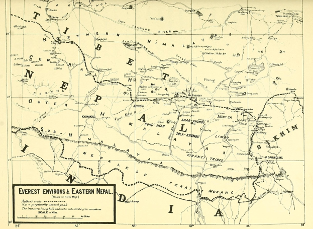 Old map of the Everest region and Eastern Nepal with detailed geographical features and place names.