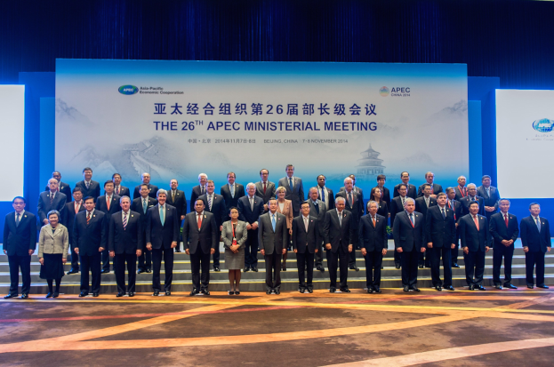 Gruppe von Menschen in formeller Kleidung auf einer Bühne mit einem "Asia Pacific Economic Cooperation Summit"-Hintergrund, Treppen, Tafeln und Beleuchtung.