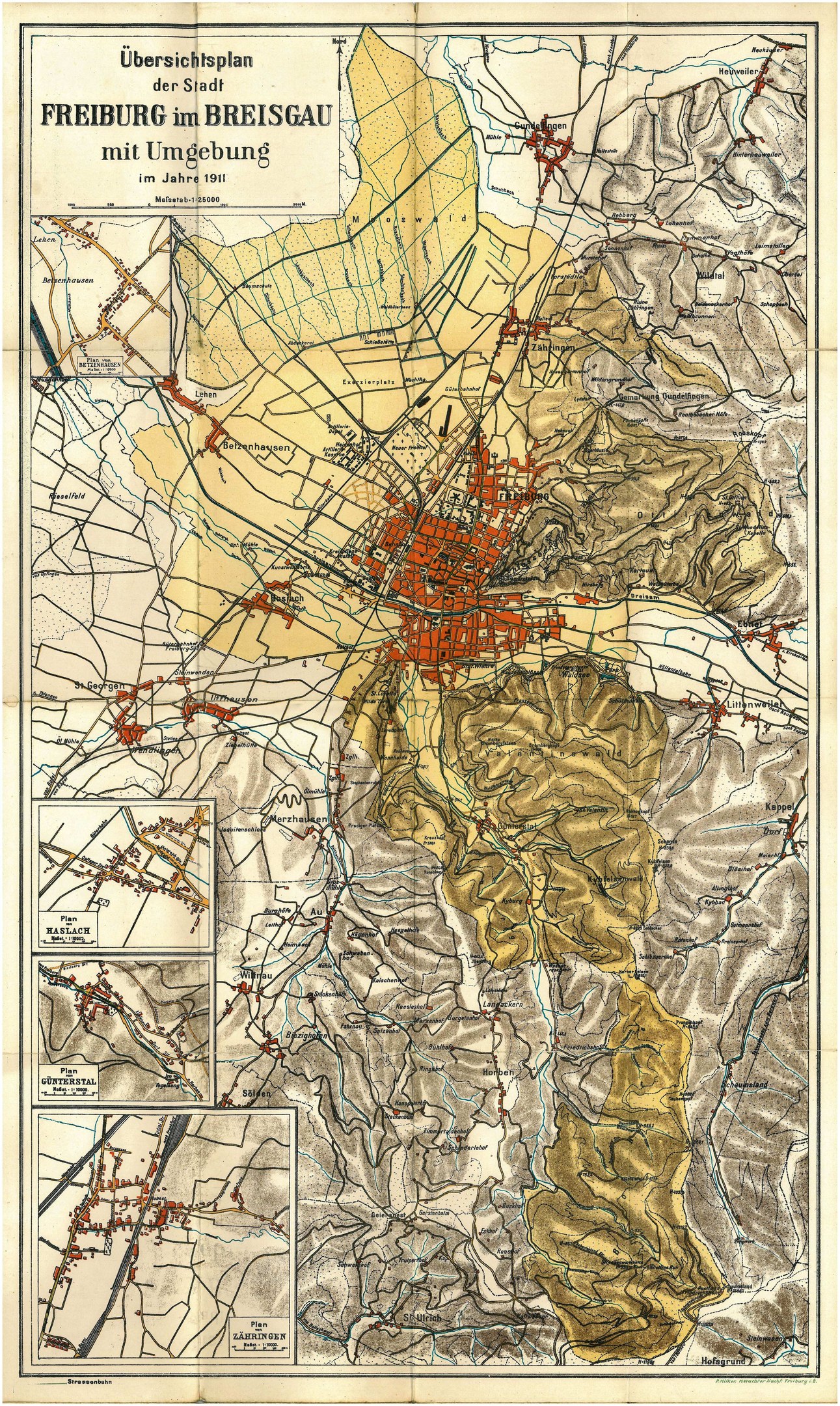 A detailed old map of Freiburg, Germany, with text at the top and bottom, showing streets, buildings, and landmarks.