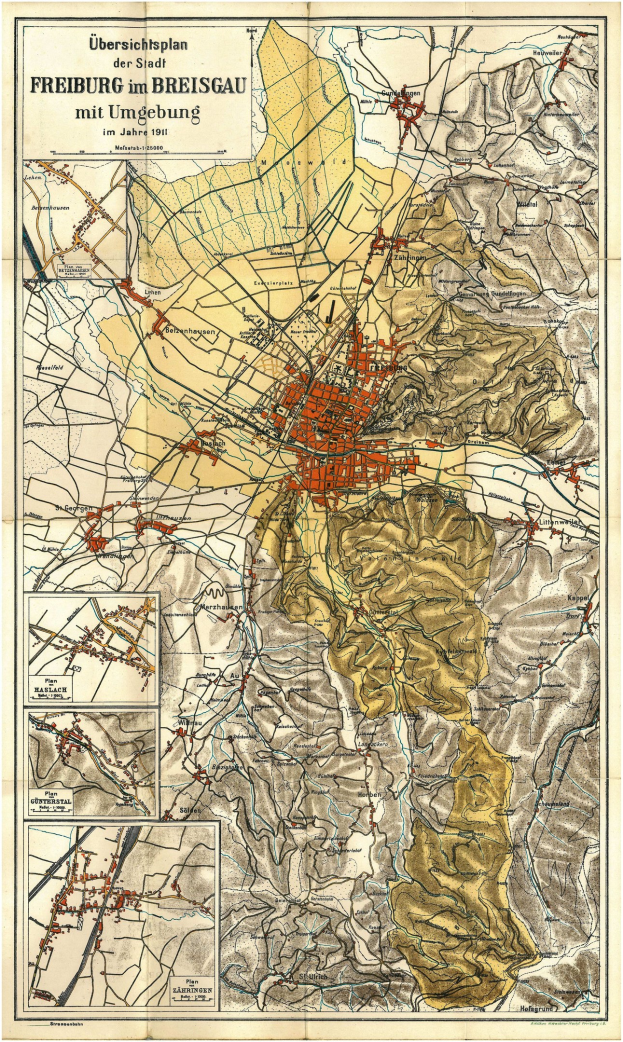 A detailed old map of Freiburg, Germany, with text at the top and bottom, showing streets, buildings, and landmarks.