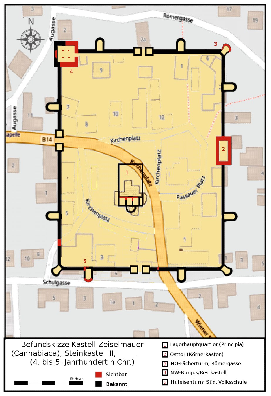 Detailed map of Heidelberg, Germany, highlighting the central location of Kastell Zeiselmauer, with visible streets, buildings, and landmarks.