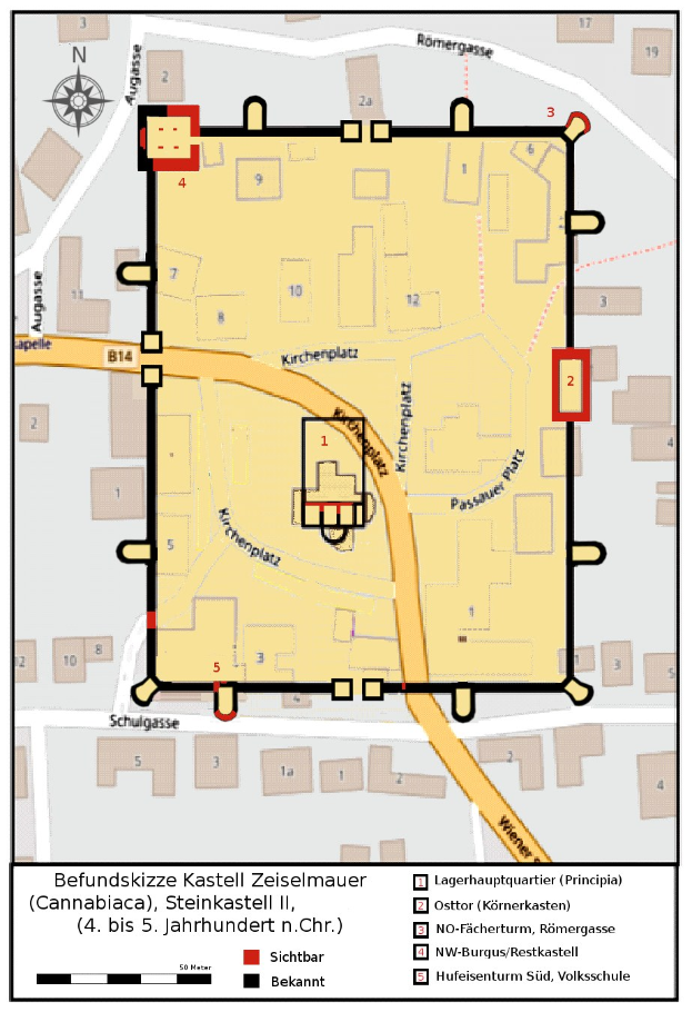 Detailed map of Heidelberg, Germany, highlighting the central location of Kastell Zeiselmauer, with visible streets, buildings, and landmarks.