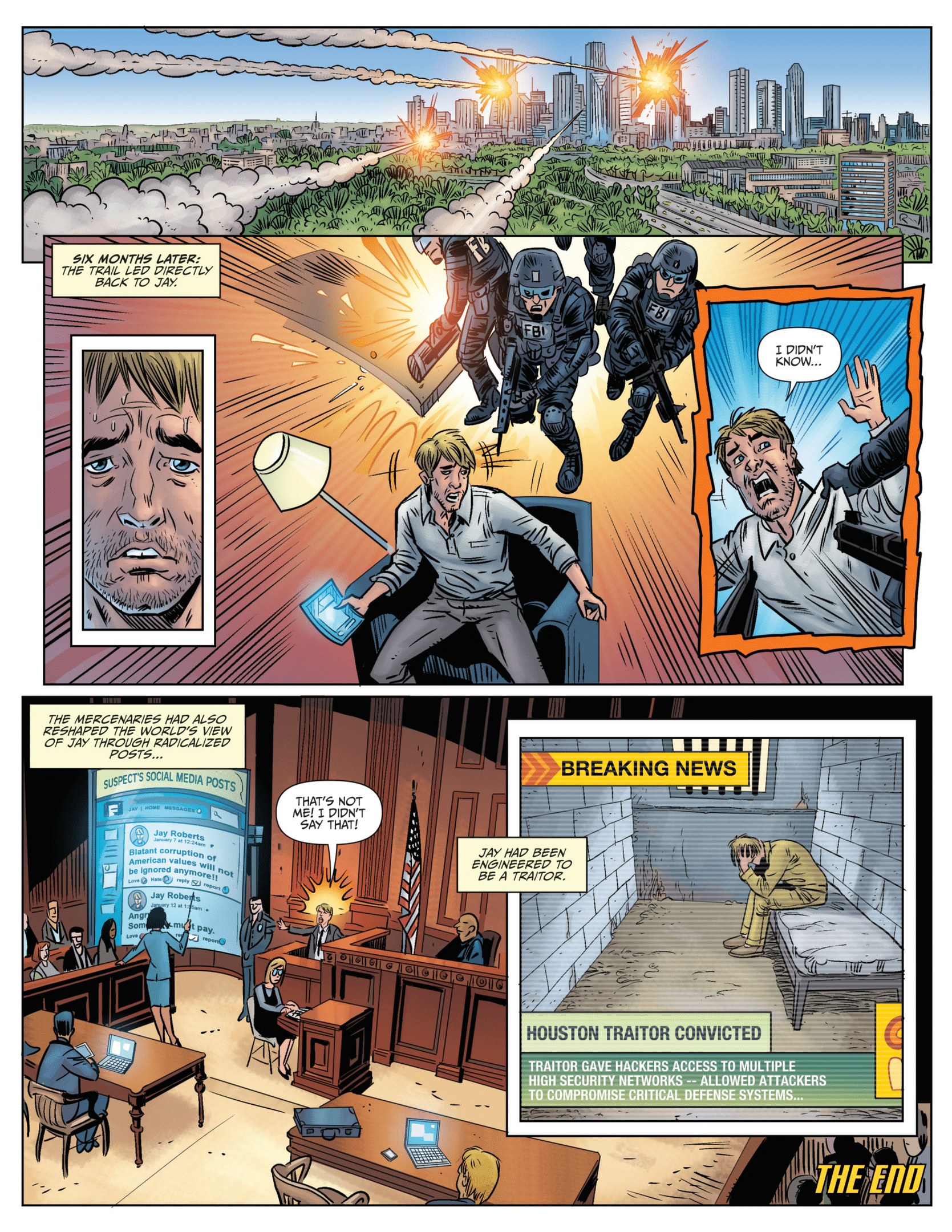 Eine Comicseite zeigt einen besorgten Mann in einem Anzug mit einer Waffe und einer besorgten Frau in einem Kleid vor einer Stadtkulisse mit hohen Gebäuden unter einem hellblauen Himmel mit der Aufschrift "Das Ende der Welt."