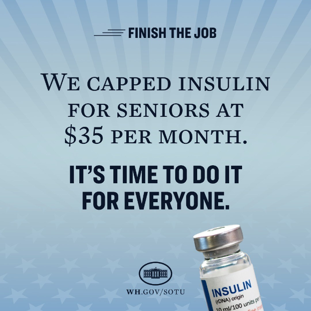 Plakat mit einem Insulinfläschchen auf der rechten Seite und dem Text "Wir haben Insulin für Senioren auf 35 Dollar pro Monat gedeckelt. Es ist an der Zeit, das für alle zu tun."