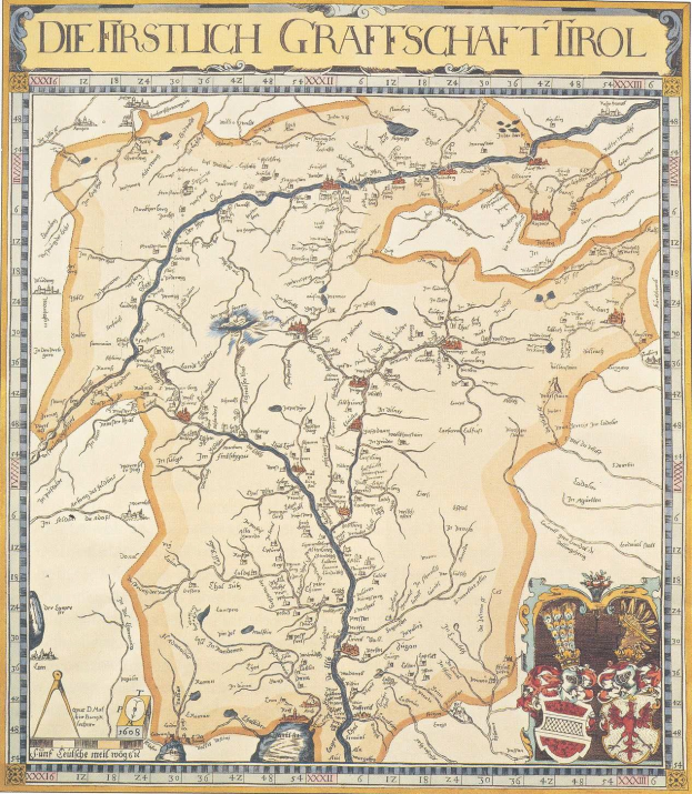 Ein detailliertes historisches Poster der ersten Grafschaft Tirol-Karte, das geografische Merkmale wie Flüsse, Berge und Städte zeigt und von begleitendem Text über die Region und ihre Bewohner informiert.