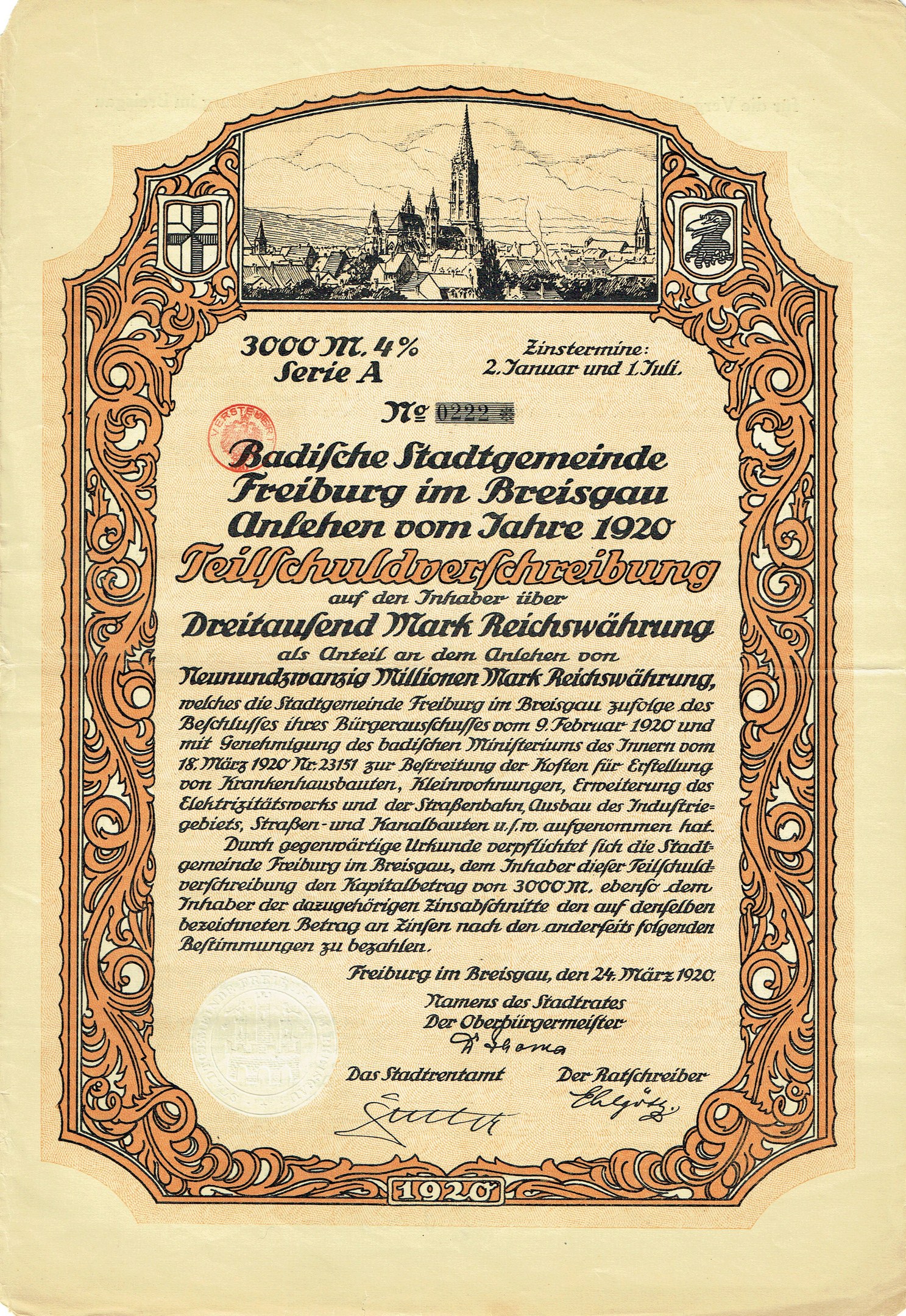 Alter deutscher Aktienchein mit einer Illustration einer Stadt und gedrucktem Text, der wahrscheinlich den Ursprung der Aktie beschreibt.