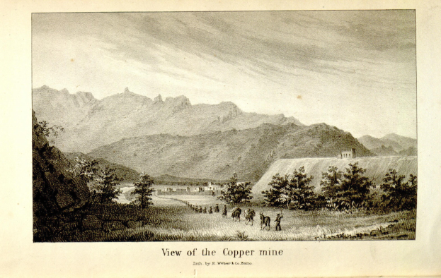 Aerial view of a copper mine surrounded by trees, people, hills, and sky, with text at the bottom.