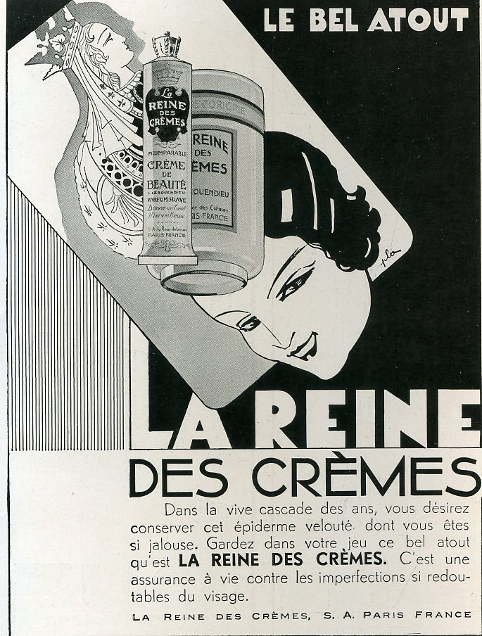 Advertisement for La Reine des Crèmes featuring a woman holding a bottle of the product, with promotional text.