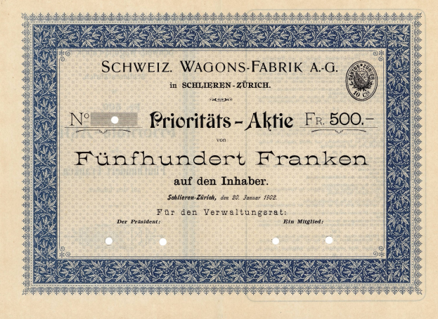 Old German stock certificate with a blue border, featuring the text "Schweiz Wagons-Fabrik A.G."