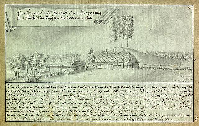 Ein verblichenes Dokument mit der Überschrift "Surgensburg, Deutschland - Landschaft einer Farm" zeigt eine Farm in einem Feld, umgeben von Häusern, Bäumen und einem Himmel.