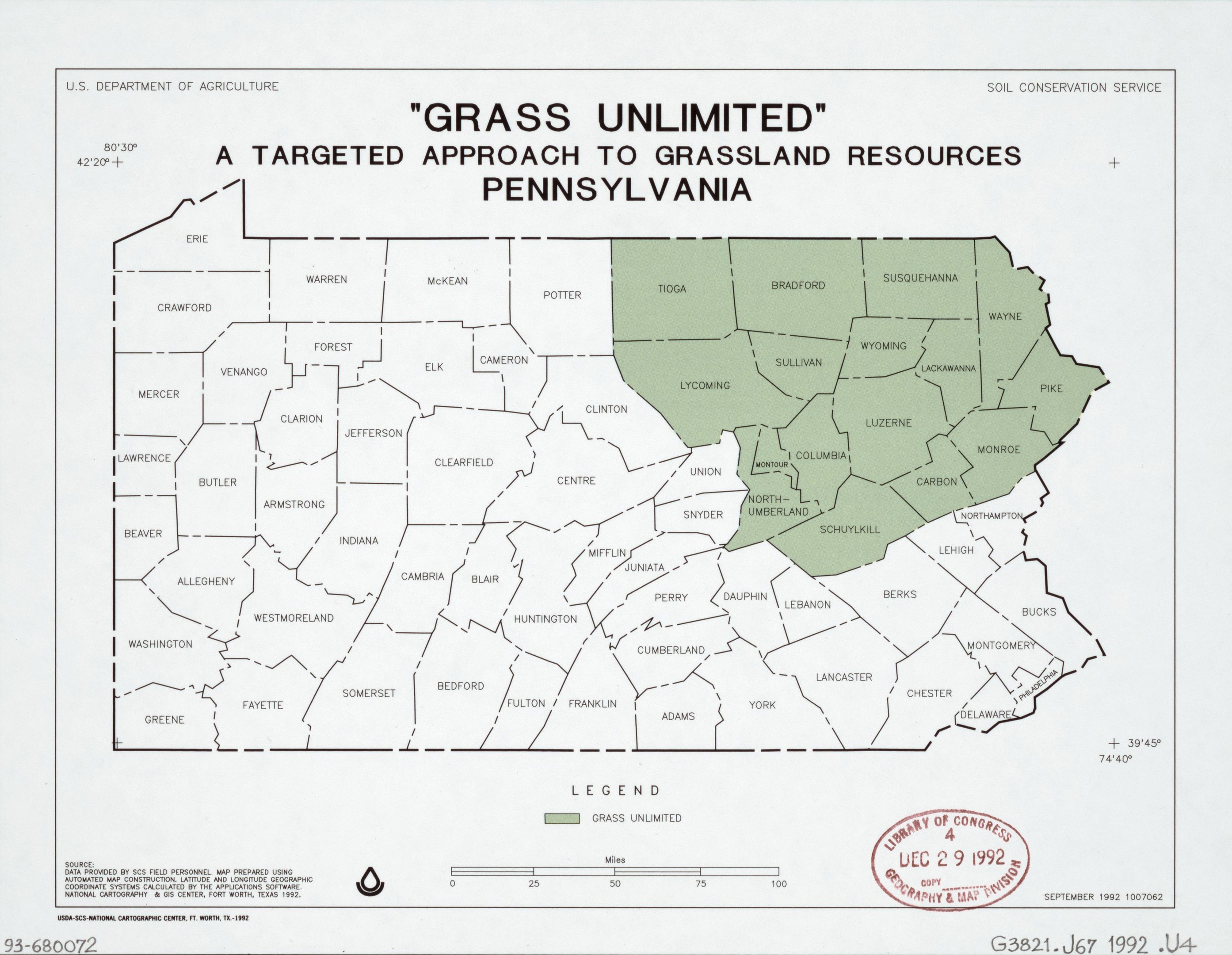 Plakat mit der Aufschrift "Grass Unlimited: Ein zielgerichteter Ansatz für Graslandressourcen" mit einer Karte von Pennsylvania in Grünschattierungen und fetter schwarzer Schrift.