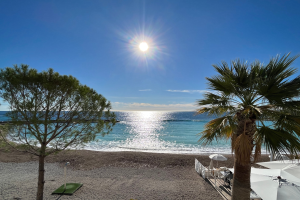 Ein sonniger Strand mit Palmen, Schirmen und üppiger Vegetation, vor einem hellblauen Himmel mit der Sonne im Hintergrund.