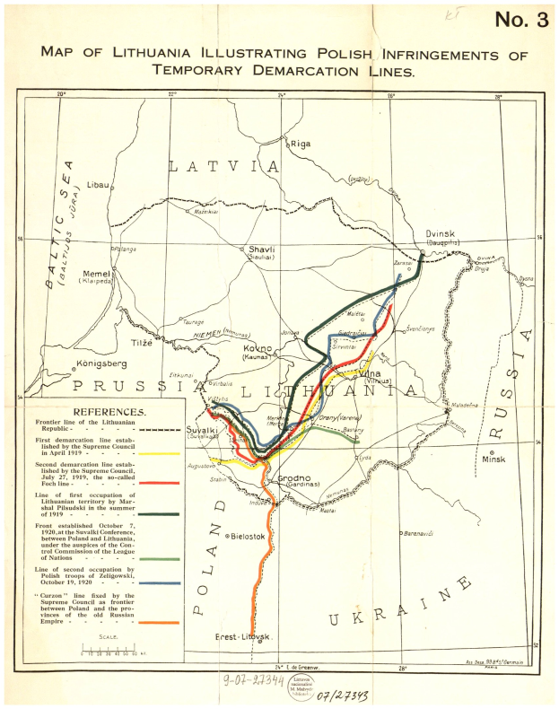 Detailierte Karte von Litauen, die polnische Verstöße gegen die temporären Demarkationslinien hervorhebt, mit beschrifteten Städten, Dörfern und geografischen Merkmalen.