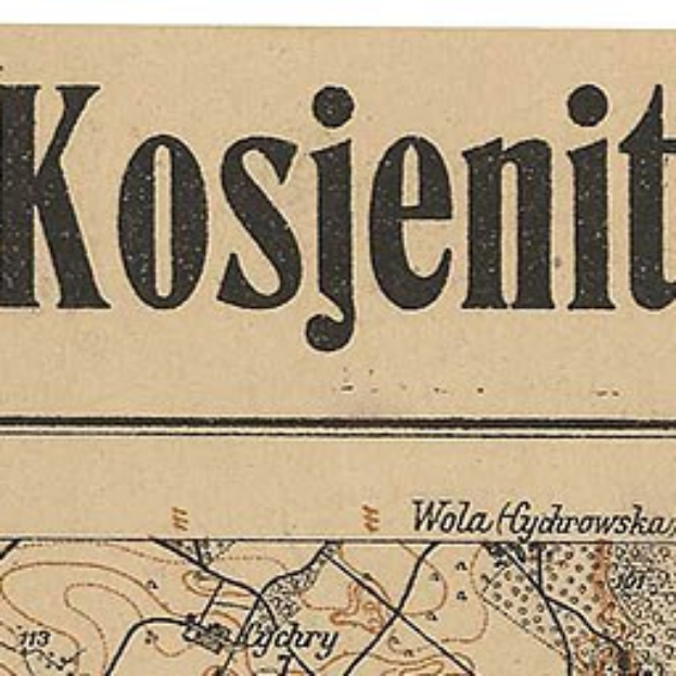 Old book titled "Kosjenit" with a detailed map of Wola, Poland, featuring streets, buildings, and landmarks in a classic font.